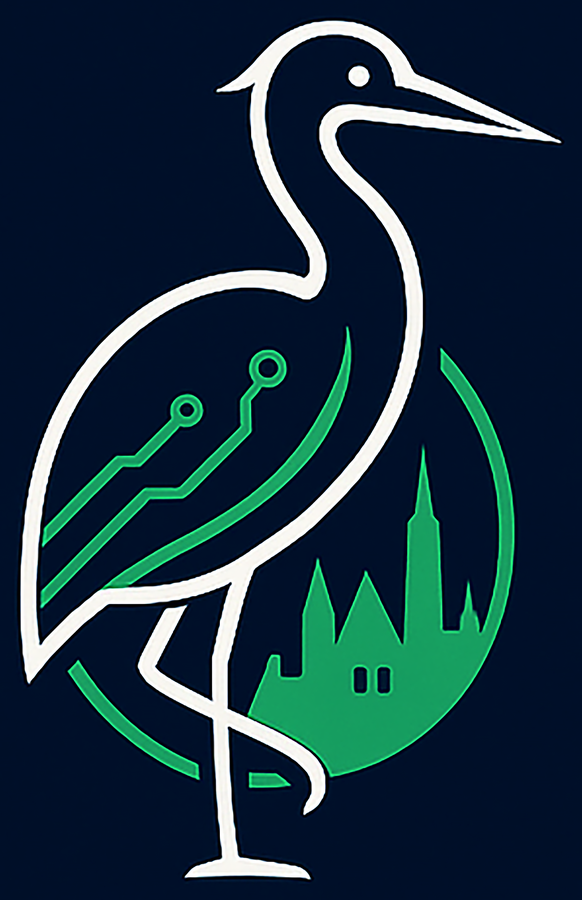 De Hofstad ooievaar met groene Haagse skyline en digitale lijnen